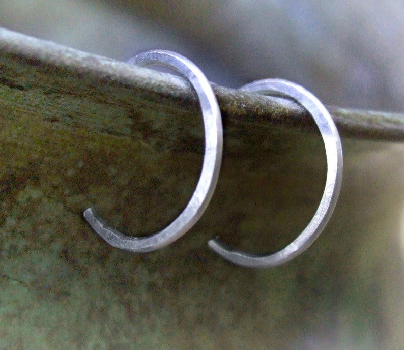 Tiny Sterling Hoops silver hoops reverse hoop earrings eco-friendly recycled simple lightly hammered 1/2 10mm 12mm unisex image 1
