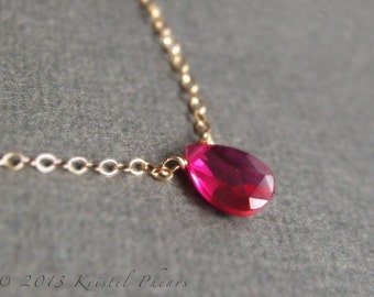 Ruby Necklace - July birthstone, petite lab created gemstone solitaire choker, sterling or gold-filled minimal layering  Gift