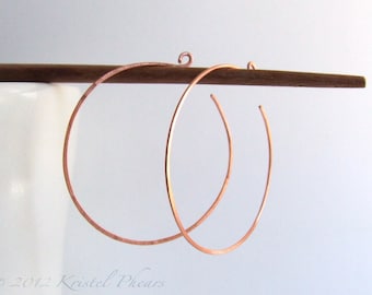 Large Copper Hoops - reverse hoop earrings simple classic minimalist basic lightly hammered 1.5" Gift