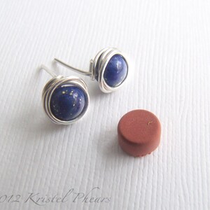 Lapis stud earrings sterling silver tiny lapis lazuli wire wrapped ear posts royal blue September Birthstone Gift image 4