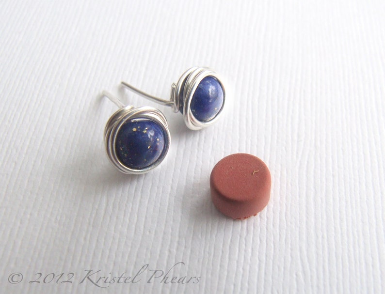 Lapis stud earrings sterling silver tiny lapis lazuli wire wrapped ear posts royal blue September Birthstone Gift image 4