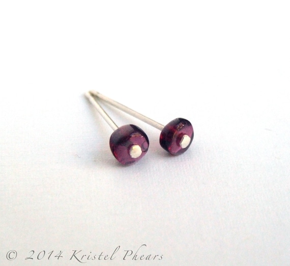 Garnet Earrings - Tiny Dot Silver or Gold-Filled Eco-Friendly recycled sterling post red button birthstone Gift original design