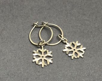 Sterling Silver Snowflake Earrings - - petite sparkly winter gift, handmade 1/2" hoop earrings