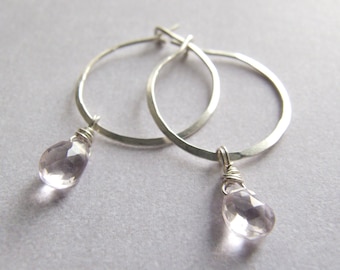 Amethyst earrings Silver Hoops - Pink Amethyst sterling hoop earring blush  3/4" 18mm 20mm add a dangle bail bridesmaid Gift