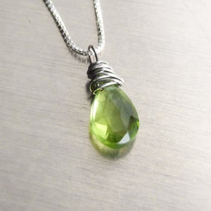Peridot Pendant Necklace - Silver natural gemstone solitaire green wire wrapped Sterling Eco-friendly August birthstone anniversary Gift