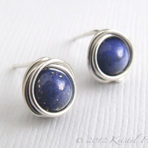 Lapis stud earrings - sterling silver tiny lapis lazuli wire wrapped ear posts royal blue September Birthstone Gift