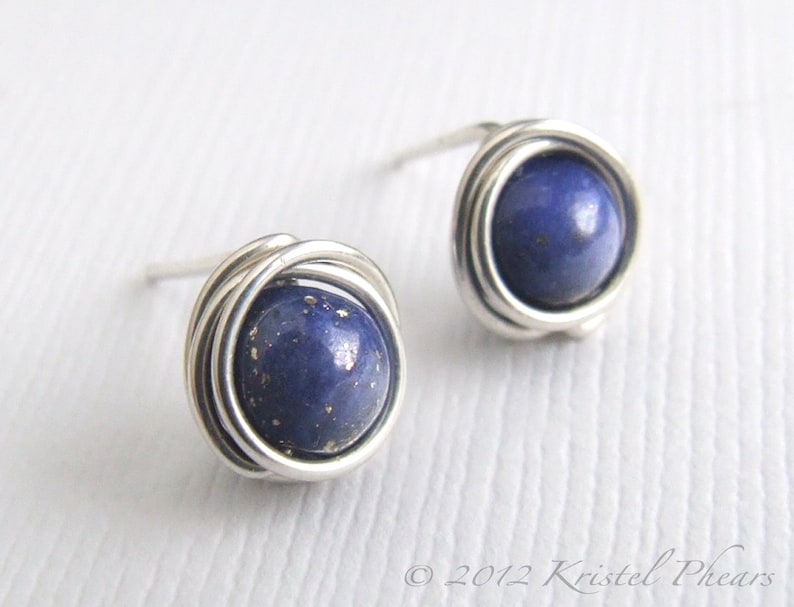 Lapis stud earrings sterling silver tiny lapis lazuli wire wrapped ear posts royal blue September Birthstone Gift image 1