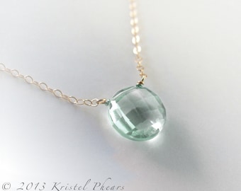 Collar de amatista verde maciza de 14 k, gran solitario de prasiolita, piedra preciosa natural genuina, regalo de piedra de nacimiento en oro amarillo o blanco.