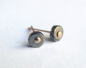 Tiny Dot Pyrite Stud Earrings - Silver or Gold-Filled Eco-Friendly recycled sterling post button unisex fun Gift original design