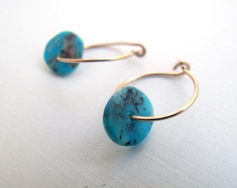 Turquoise earrings - genuine turquoise hoop earrings gold silver 3/4" Natural Blue December birthstone Gift