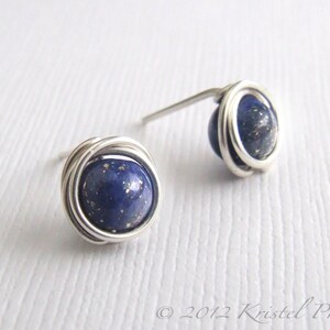 Lapis stud earrings sterling silver tiny lapis lazuli wire wrapped ear posts royal blue September Birthstone Gift image 2