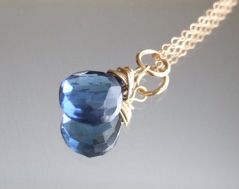 London Blue Quartz necklace - gold-filled royal blue wire-wrapped gemstone jewelry design bridesmaid Gift