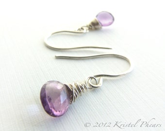 Pendientes de amatista de plata u oro - colgante morado, ecológicos, envueltos en alambre de plata esterlina, piedra natal de febrero, regalo, lavanda