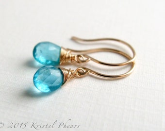 Solid 14k Apatite Earrings - eco-friendly gold dangle drop petite paraiba aqua swiss turquoise blue natural gemstone Gift