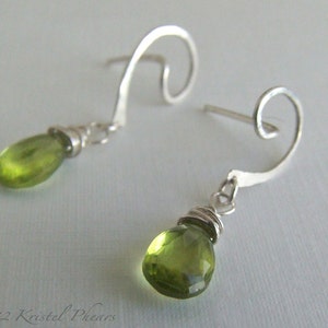 Peridot Earrings silver or gold August birthstone swirl post dangle drop apple lime green Eco-friendly bridal anniversary Gift image 2