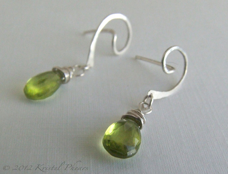 Peridot Earrings silver or gold August birthstone swirl post dangle drop apple lime green Eco-friendly bridal anniversary Gift image 2