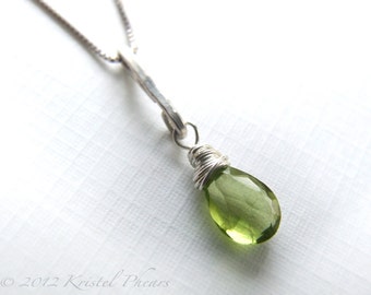 Peridot Necklace Silver - eco friendly Sterling natural gemstone pendant, green briolette solitaire, August birthstone, anniversary gift