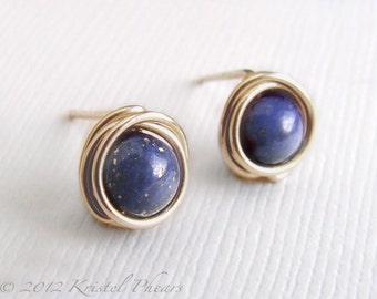 Tiny Lapis stud earrings - 14k Gold-Filled wire wrapped studs ear posts September Birthstone gift cobalt royal blue yellow rose gold