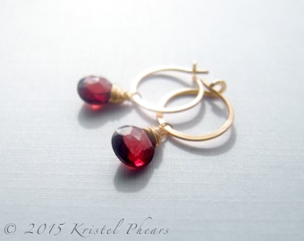 Solid Gold Garnet Earrings, January Birthstone 14k Gold hoops lightly hammered tiny hoop 1/2" (12mm 10mm), dangle drop earrings, Gift 3ct