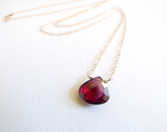 Garnet necklace, Gift 14k gold-filled or sterling large 2.5ct red natural gemstone minimal solitaire January Birthstone