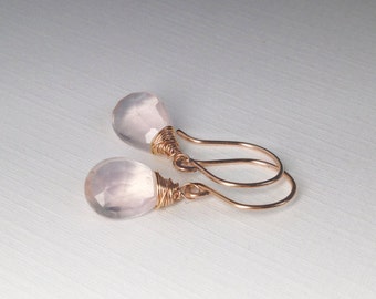Rose Quartz Earrings - Pale Pink Dangle Drop, Natural Gemstone in Gold, Rose Gold, Sterling, Titanium