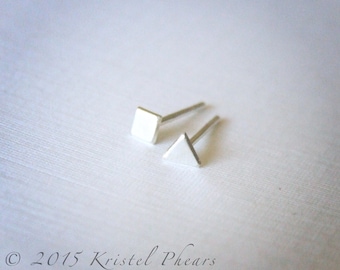 Tiny Geometric Stud Earring - .925 Sterling Silver Square or Triangle dot, Eco-Friendly sterling stud earring, 3mm matte satin gift