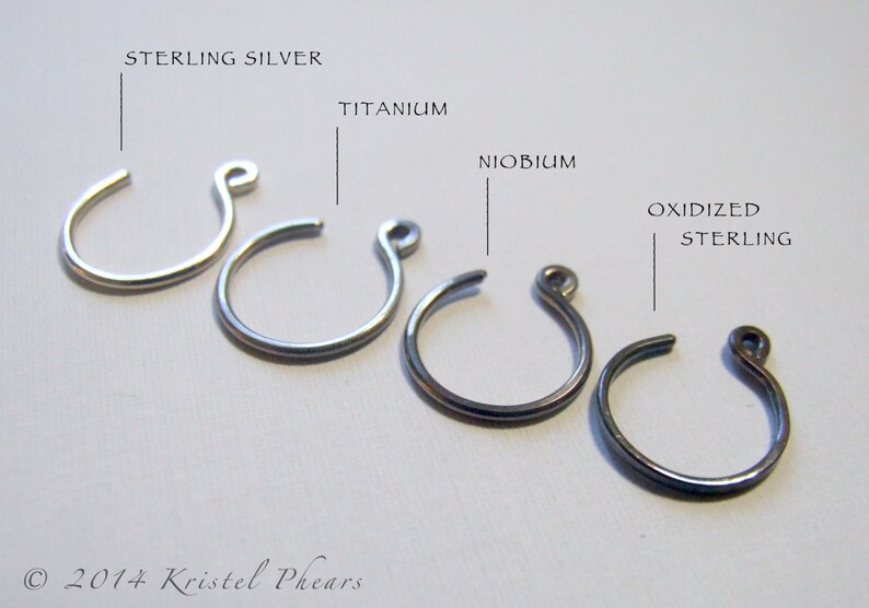 May include: Five hoop earrings in different metal finishes: sterling silver, titanium, niobium, oxidized sterling silver.  &copy; 2014 Kristel Phears