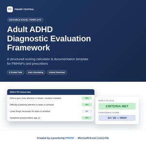 Może przedstawiać: Edytowalny szablon programu Excel zatytułowany Adult ADHD Diagnostic Evaluation Framework dla PMHNP. Interfejs zawiera tabelę DSM-5-TR Criteria Gate z opcjami tak lub nie, pole statusu Criteria Met oraz wynik 14/18.