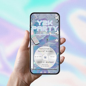 Y2Kパーティー招待状、CDアルバム誕生日招待状、ブルーシルバークロームテンプレート、編集可能なCanva招待状