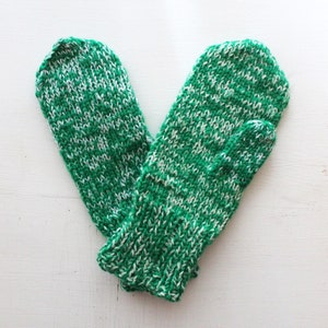 hand knit soft acrylic green white speckled mittens image 4