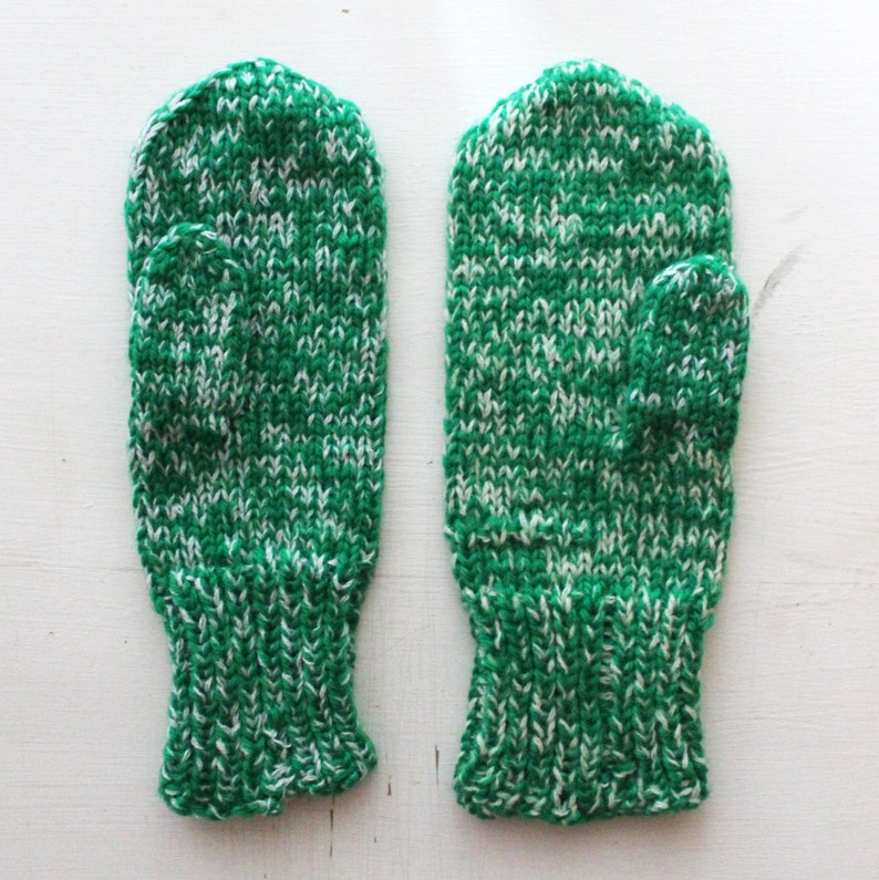 hand knit soft acrylic green white speckled mittens image 2