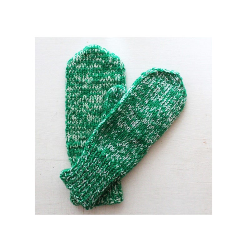 hand knit soft acrylic green white speckled mittens image 1
