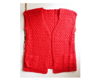 vintage bright red crochet sweater vest with pockets