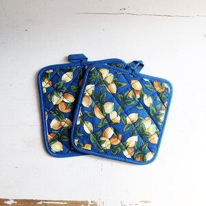Set of 2 Vintage Lemon on Cobalt Blue Pot Holders