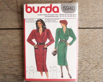 Burda E 5940 1980s sewing pattern raglan long sleeve dress with pockets UNCUT