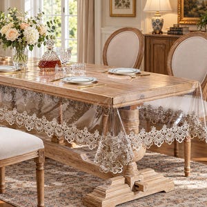 Clear PVC Tablecloth,Waterproof Transparent Table Protector,Embroidered Lace Edge Table Cover,Elegant Dining Tablecloth,French Country Decor