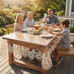 May include: A rectangular wooden dining table covered with a clear plastic protector featuring an intricate beige lace trim along the edges. The table is set with white ceramic plates, clear glassware, and a glass pitcher filled with iced tea.