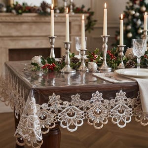 Genomskinlig PVC-duk med broderad spets, vattentät oljebeständig bordsduk, matbordsskydd i vintage-stil med blommönster, anpassad storlek