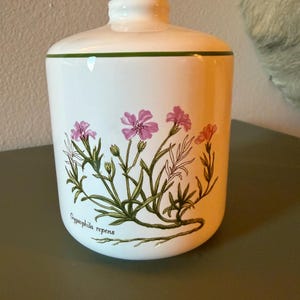 May include: A white ceramic canister with a cylindrical body and a narrow neck. The exterior features a botanical illustration of pink Gypsophila repens flowers with green stems and leaves, accompanied by the text Gypsophila repens in black script.