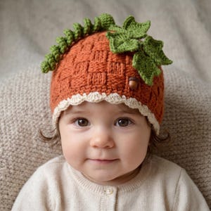 May include: A rust-orange crocheted hat featuring a basket-weave texture, a scalloped cream-colored edge, and decorative green crocheted leaves and a small brown acorn accent attached to the top. The hat is worn on a child's head.