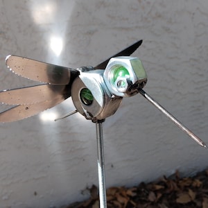 Green Humming Bird,  Miniature Welded Metal Sculpture, Garden Stake, Up cycled Yard Art