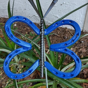 Blue Horseshoe Butterfly, Horseshoe Garden Art, garden stake, yard art