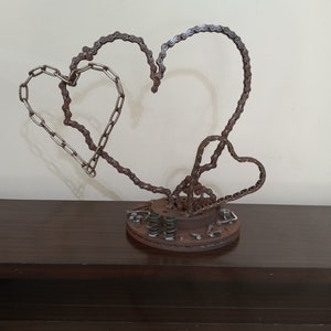 Metal Heart Sculpture of Motorcycle Chains, Rustic Up cycled Welded Metal Art