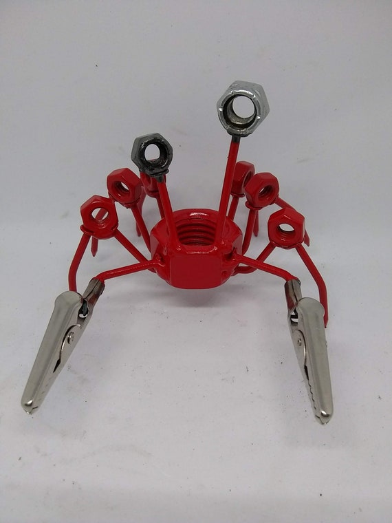 Red Crab Metal Sculpture, Tiny Crawling Crab With Pincers 