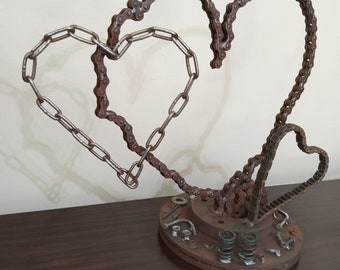 Decorazione Rustica 10° Anniversario - Cuore Alluminio E Base Legno - Ten Perfect Years - Autoportante 16x12,5 Cm