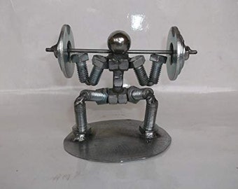 Squat Weight Lifter Metal Bolt Figurine, Miniature Athlete