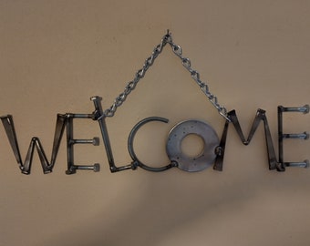 Welcome Door Hanger, Front Door Welcome Sign,  Welded Metal Art Decor, Recycled up cycled Letters