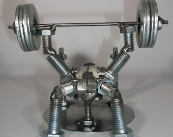 Bench Press 4 Plates, Weight Lifter, Metal Bolt Figurine, Power Lifter, Athlete Exercise Personal Trainer