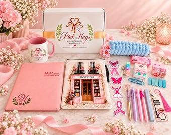 May include: A gift box labeled Pink-Hugs, a pink mug, a 26-27 weekly appointment book, a book store pouch, a blue plush pencil case, pink ribbon stickers, pens, a bookmark, and stationery items arranged on a surface with pink flowers.