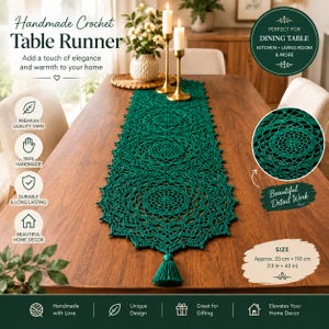 May include: A dark green handmade crochet table runner featuring a repeating circular mandala pattern with scalloped edges and a single tassel at one end. The runner measures approximately 13 inches by 43 inches and is displayed on a wooden table.